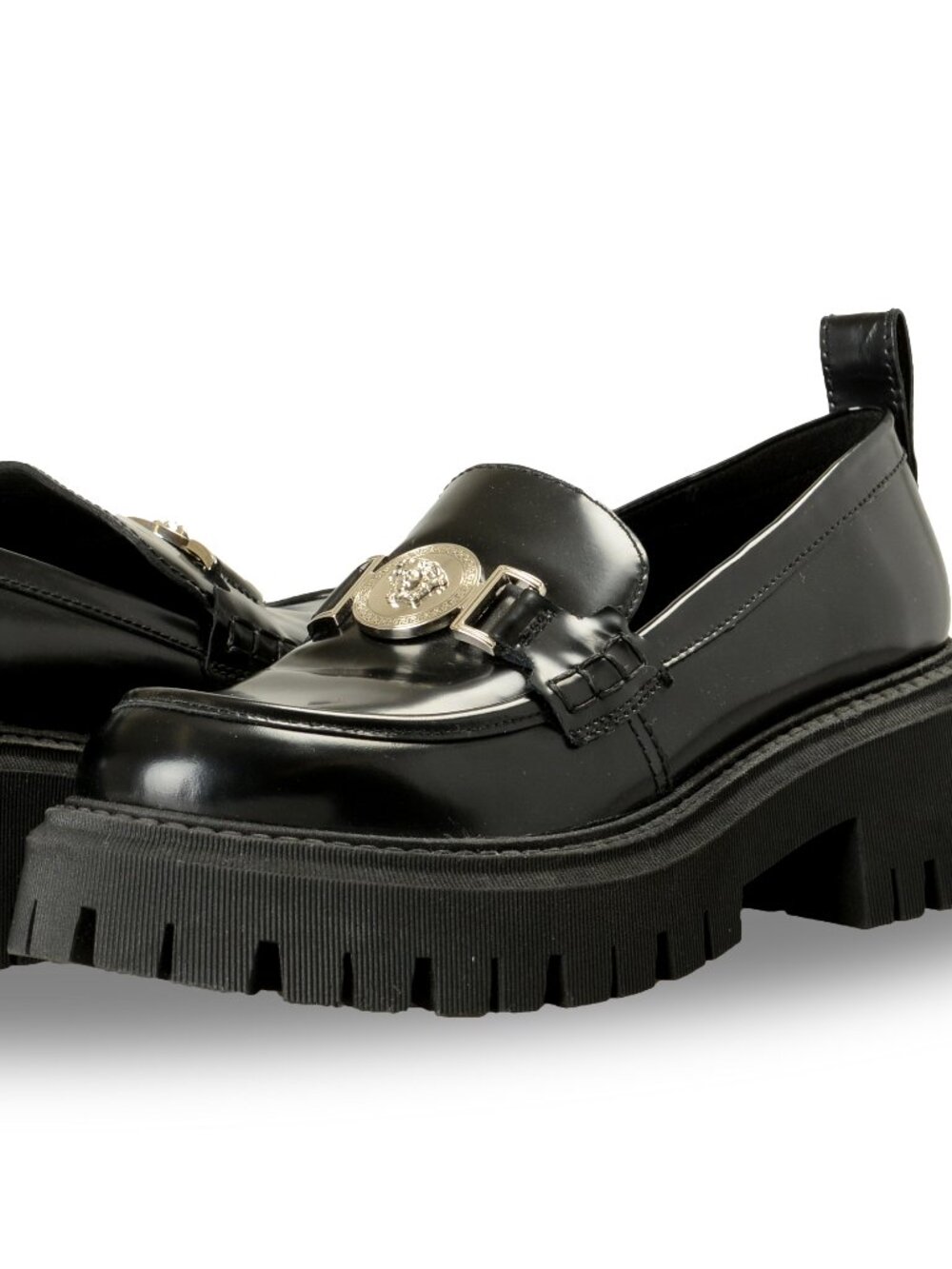 Versace Women's Black 100% Leather Silver Medusa Head Loafers Shoes US 8 IT 38